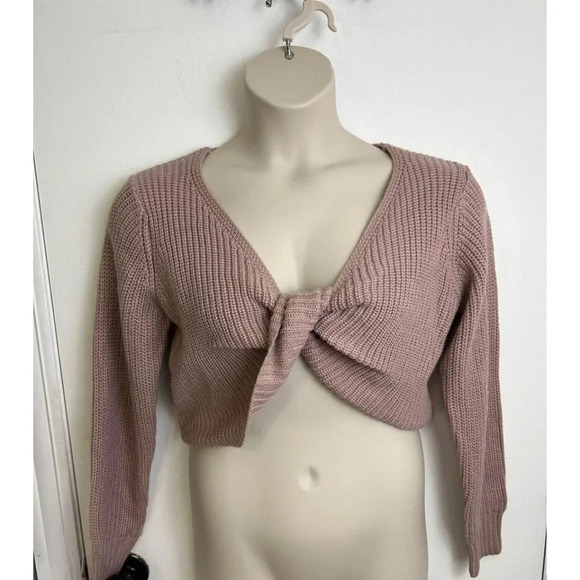 Pink Twist Front Crop Top Ling Sleeve Chunky Knit Size large #0419 - Picture 1 of 5